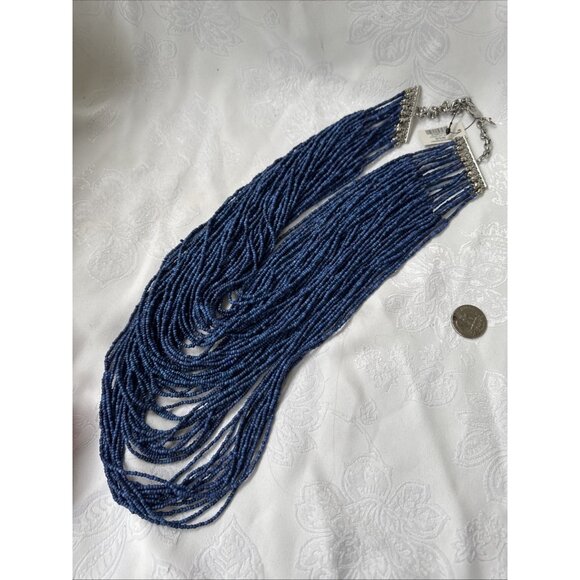 Chicos Blue Seed Bead Silver Tone 16" Long Layered Statement Necklace NEW - Picture 7 of 14